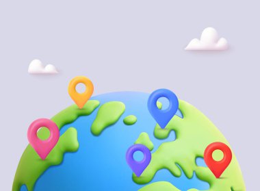 Dünyanın dört bir yanında renkli iğneler ve yön bulma işaretleri olan küresel konum haritası. 3B Vektör Web Resimleri.