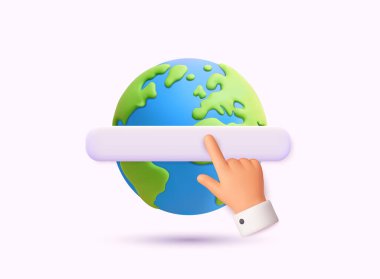 Küresel internet arama kavramı, el işaretçisi ile arama çubuğuna basılıyor. 3B Vektör Web Resimleri.