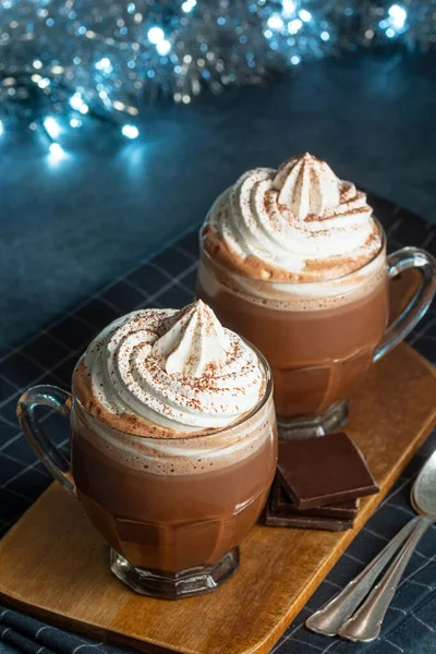 Two Glass Mugs Hot Chocolate Cocoa Topped Whipped Cream Festive — Stock Photo, Image
