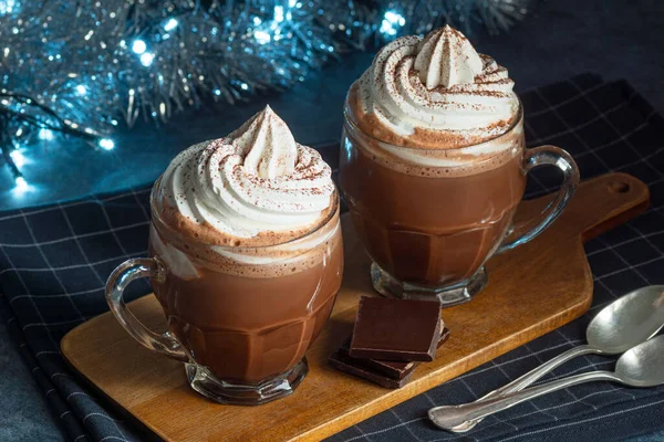 Two Glass Mugs Hot Chocolate Cocoa Topped Whipped Cream Festive — Stock Photo, Image
