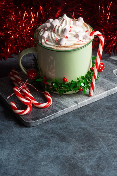 Peppermint Hot Chocolate Cocoa Striped Mint Candy Canes Whipped Cream — Stock Photo, Image