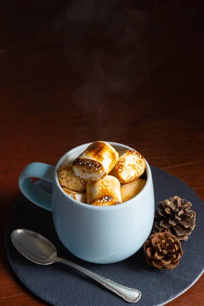 Hot Chocolate Cocoa Topped Toasted Marshmallows Large Blue Mug Spoon — Stock Photo, Image