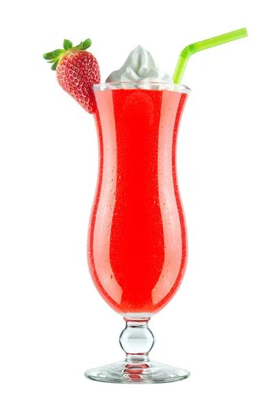 Blended Frozen Strawberry Daiquiri Cocktail Com Creme Chicote Palha Isolada — Fotografia de Stock
