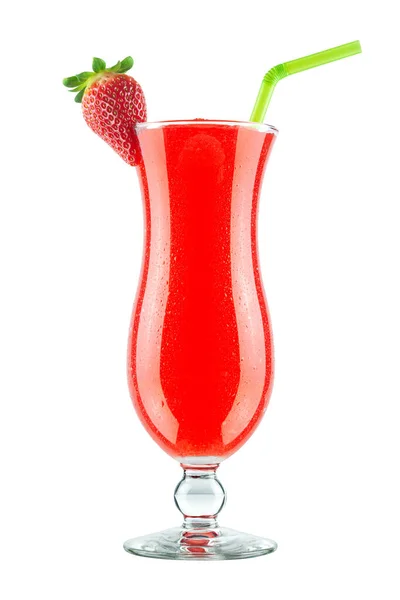 Blended Frozen Strawberry Daiquiri Cocktail Met Stro Bessen Garnering Geïsoleerd — Stockfoto