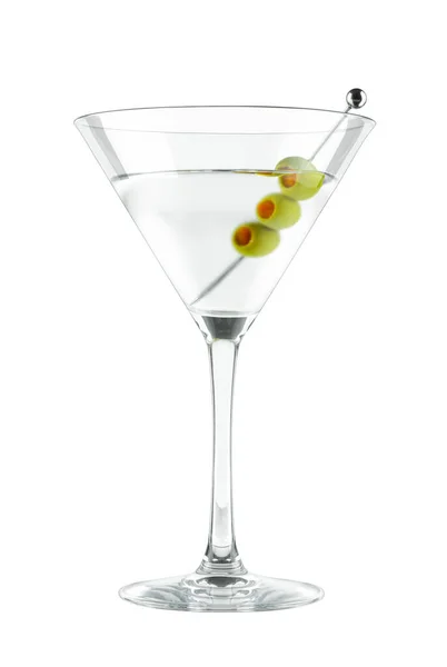白底玻璃杯中的冰摇尾酒加绿色橄榄装饰 — 图库照片