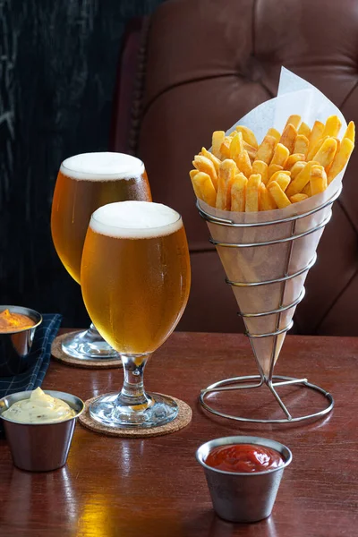 Golden French Fries Wire Cone Two Belgian Beers Ketchup Mayonnaise Stock Photo