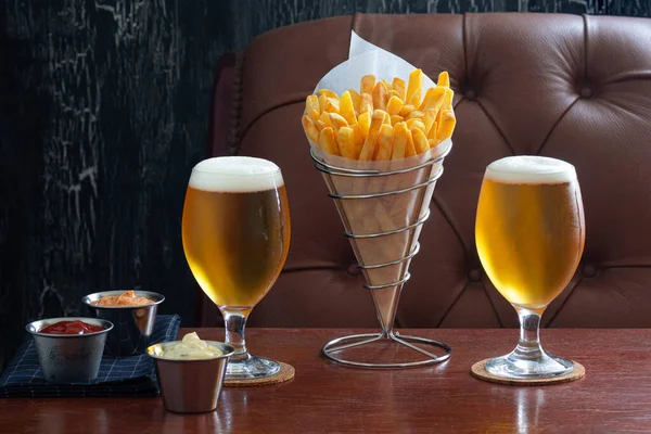 Golden French Fries Wire Cone Two Belgian Beers Ketchup Mayonnaise Stock Picture