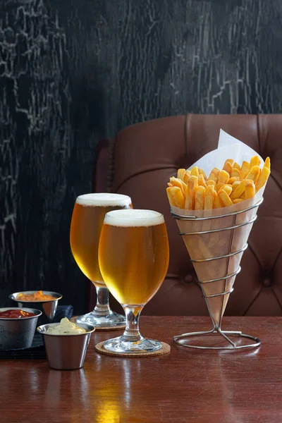 Golden French Fries Wire Cone Two Belgian Beers Ketchup Mayonnaise Royalty Free Stock Images