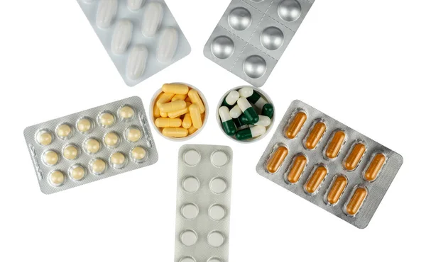 Set Diverse Compresse Pillole Compresse Capsule Sfondo Bianco — Foto Stock