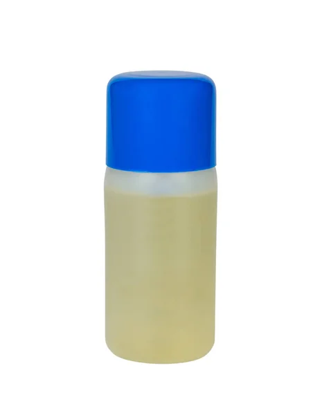 Bottiglia Con Olio Bellezza Con Coperchio Blu Isolato Dallo Sfondo — Foto Stock