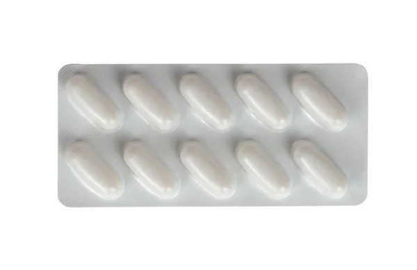 Tabletki Białym Blistrze Odizolowane Tła — Zdjęcie stockowe