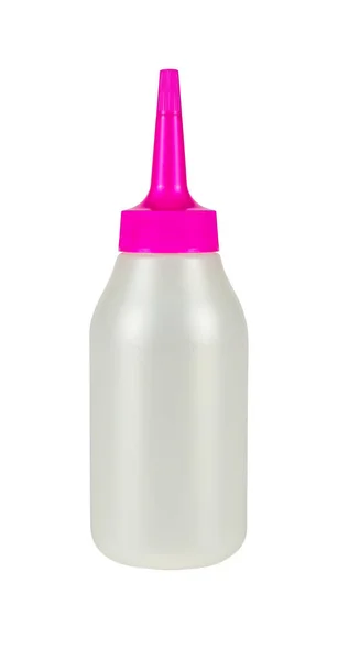 Kosmetisk Plastbehållare Med Rosa Dispenser För Hårfärg Isolerad Från Bakgrunden — Stockfoto
