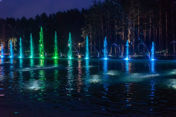 Malerische Nachtszene Des Zlatibor Teiches Mit Brunnen Serbien Mit Bäumen — Stockfoto