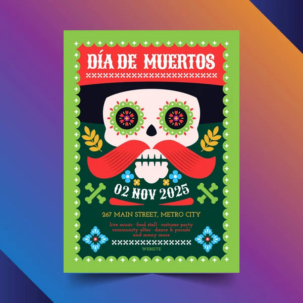 Επίπεδη Dia Muertos Κάθετη Αφίσα Πρότυπο Διανυσματική Απεικόνιση Σχεδιασμού — Διανυσματικό Αρχείο