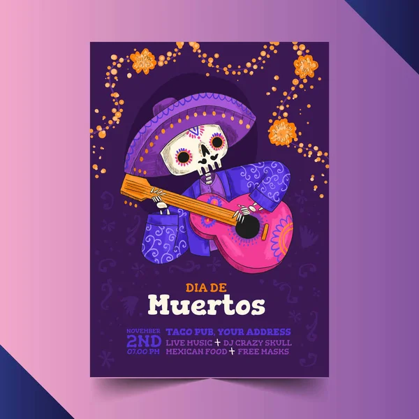 Ζωγραφισμένο Στο Χέρι Dia Muertos Κάθετη Αφίσα Πρότυπο Διανυσματική Απεικόνιση — Διανυσματικό Αρχείο