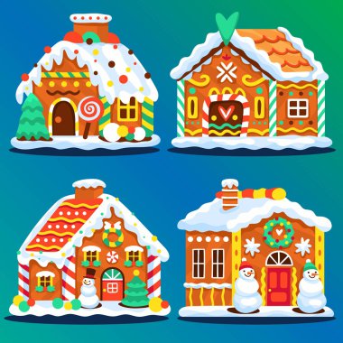 El çizimi düz zencefilli kurabiye evleri koleksiyon vektör tasarımı illüstrasyonu