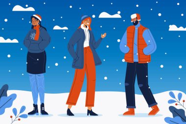 Elle çizilmiş düz kış insanları vektör tasarımı örnekleme koleksiyonu