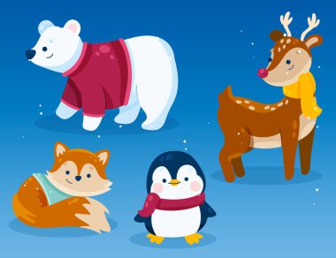 Düz kış hayvanları elle çizilmiş vektör tasarımı çizimi