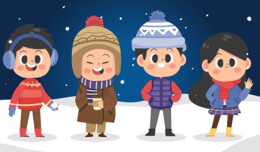 Elle çizilmiş düz kış insanları vektör tasarımı örnekleme koleksiyonu