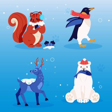 Düz kış hayvanları elle çizilmiş vektör tasarımı çizimi