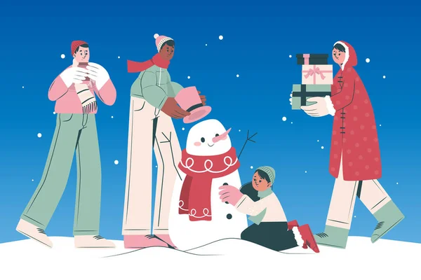 Ζωγραφισμένα Στο Χέρι Επίπεδη Χειμώνα Άνθρωποι Συλλογή Διανυσματική Απεικόνιση Σχεδιασμού — Διανυσματικό Αρχείο