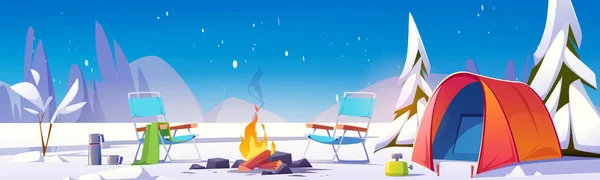 Cartone Animato Campeggio Inverno Paesaggio Vettore Disegno Illustrazione — Vettoriale Stock