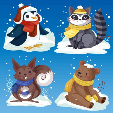 Düz kış hayvanları elle çizilmiş vektör tasarımı çizimi