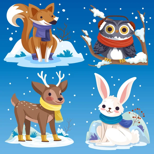 Ζωγραφισμένα Στο Χέρι Επίπεδη Χειμερινά Ζώα Συλλογή Διανυσματική Απεικόνιση Σχεδιασμού — Διανυσματικό Αρχείο