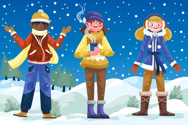 Hand Drawn Flat Winter People Collection Vector Design Illustration — Stock Vector