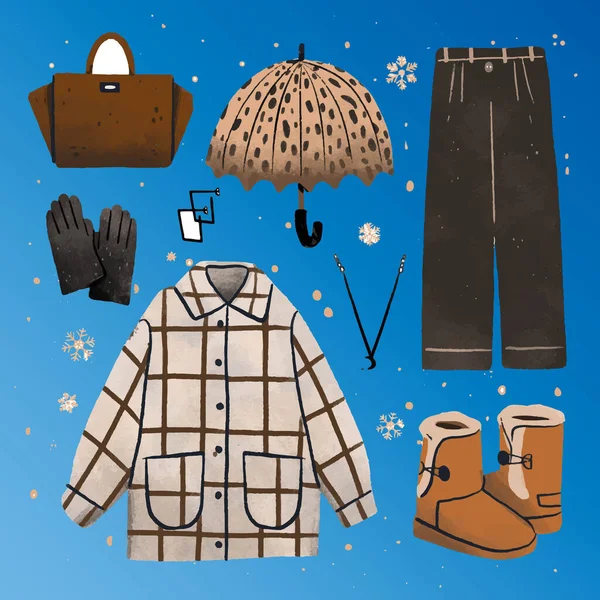 Handgezeichnete Winterkleidung Essentials Sammlung Vektor Design Illustration — Stockvektor
