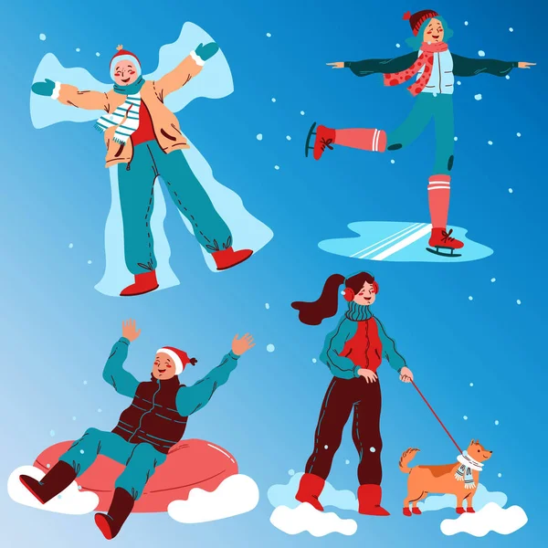 Hand Drawn Flat Winter People Collection Vector Design Illustration — Stock Vector
