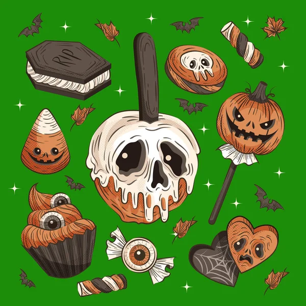 Hand Gezeichnet Halloween Vintage Süßigkeiten Elemente Sammlung Vektor Design Illustration — Stockvektor
