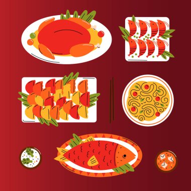 Düz Çin Yeni Yıl Toplantısı Yemek Koleksiyonu Vektör Tasarımı Çizimi