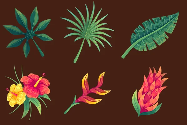 Tropische Blume Blatt Set Vektor Design Illustration — Stockvektor