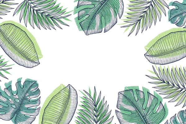 Gravure Dessin Main Feuilles Tropicales Fond Vectoriel Dessin Illustration — Image vectorielle