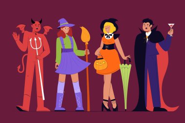 düz karakterler koleksiyonu Cadılar Bayramı tasarım vektörü çizimi