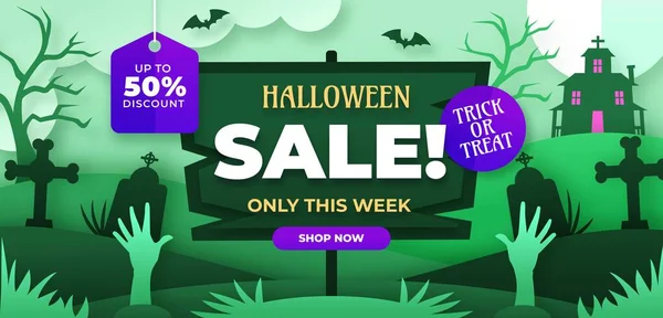 Paper Style Horizontal Banner Template Halloween Season Design Vector Illustration — Stock Vector