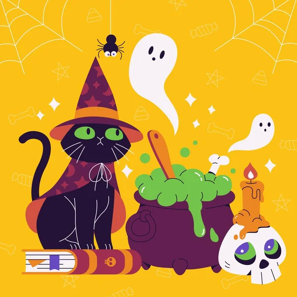 Platt Halloween Säsong Med Svart Katt Spöken Design Vektor Illustration — Stock vektor