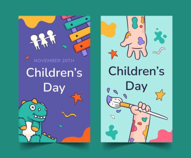 Elle çizilmiş pankartlar Dünya Çocuk Günü kutlama kutlaması vektör illüstrasyonu koleksiyonu