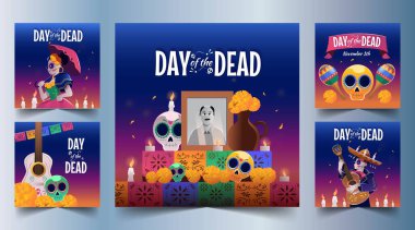 Düz dia de muertos instagram koleksiyon vektör illüstrasyonunu gönderir