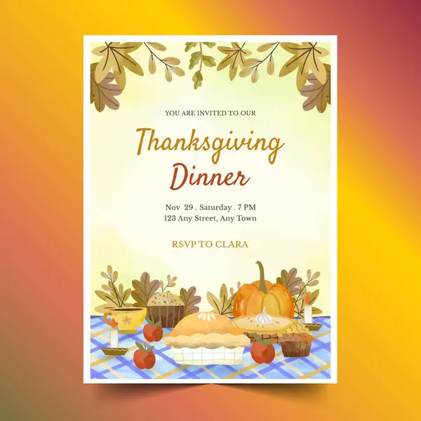 Watercolor Thanksgiving Dinner Invitation Design Vector Illustration Stock Illustration
