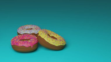 3D render of bright donuts in colored glaze with sprinkles on a pink background. Bright tasty donuts for creating menu designs, restaurants and cafes, online delivery platforms.