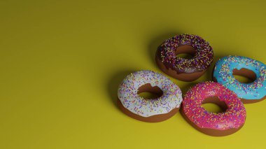 3D render of bright donuts in colored glaze with sprinkles on a pink background. Bright tasty donuts for creating menu designs, restaurants and cafes, online delivery platforms.