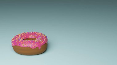 3D render of bright donuts in colored glaze with sprinkles on a pink background. Bright tasty donuts for creating menu designs, restaurants and cafes, online delivery platforms.