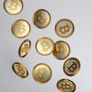 Background with bitcoin coins in 3d for the design of a web page of a crypto exchange, articles on the topic of cryptocurrencies. 3d render of scattered bitcoin coins. Loss of money and enrichment
