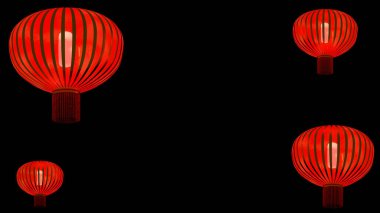 Chinese lanterns in 3D on a black background. Illustration with Chinese lanterns for the New Year for the design of cards, banners and posters. 3D render with red gold Chinese traditional lanterns.