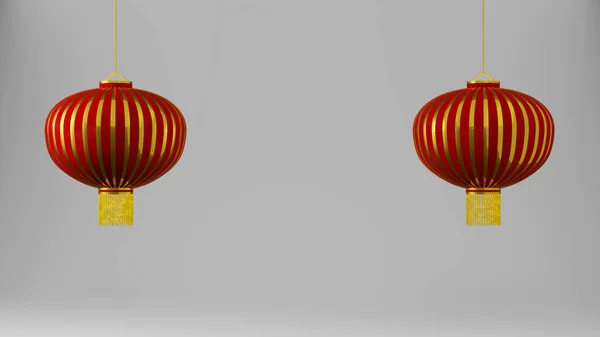 Chinese lantern in 3D on a gray background. Illustration with a Chinese New Year lantern for the design of cards, banners and posters. 3d render with red golden chinese traditional lantern.