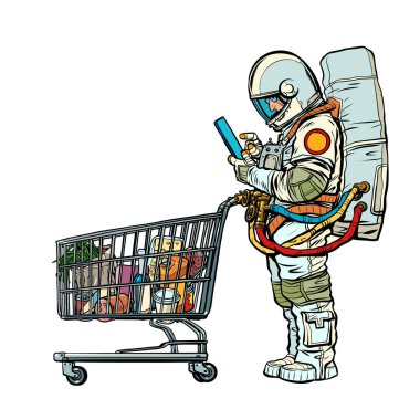 Markette market arabası olan astronot adam telefona bakıyor. Çevrimiçi ürün seçimi. Elektronik ticaret. Pop art retro vektör illüstrasyon klasikleri 50 'lerin 60' ların tarzı