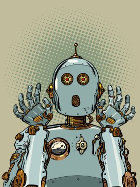 Korkmuş robot şaşırarak ellerini kaldırdı. Yapay zekanın duyguları. Retro mekanizma Pop sanat vektör illüstrasyon klasiksel 50 'ler 60' lar tarzı