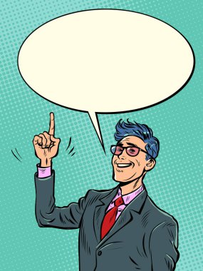 Pop Art Neşeli iş adamı parmağını kaldırdı. Güven ve liderlik. Yönlendirme retro vektör illüstrasyonu 50 'ler 60' lar stili klasik